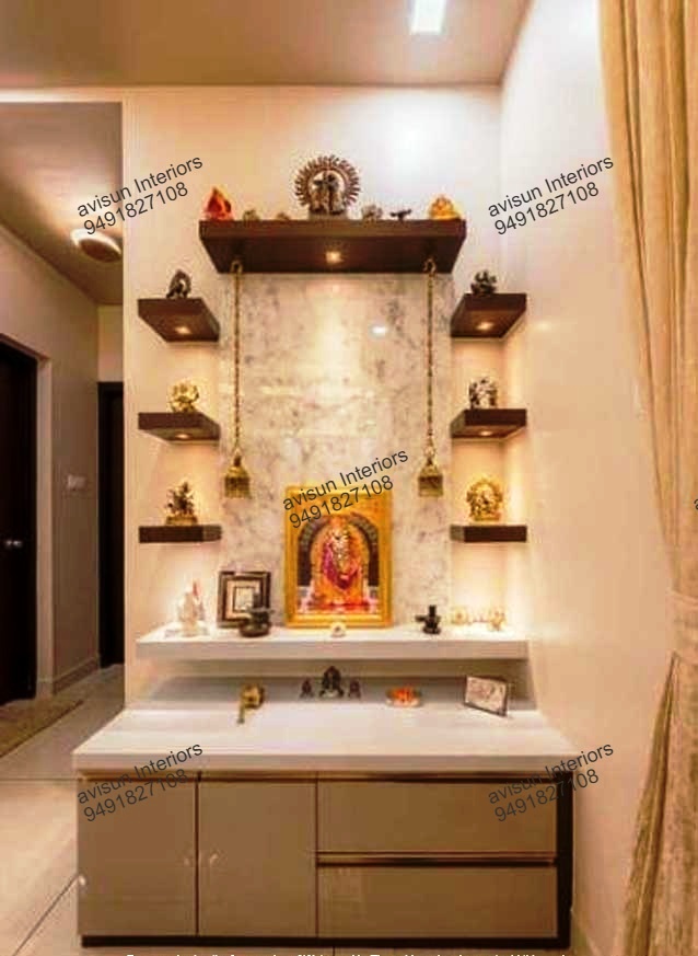 Aluminium Pooja unit with glass doors and overhead lighting